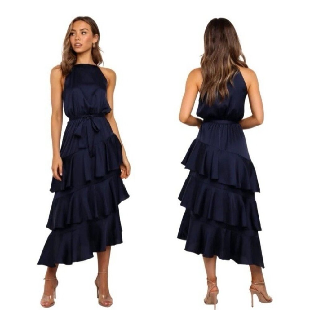 Petal & Pup Midi Dress 6 Navy Blue Silky Satin Ruffled Tiered Sleeveless NWT